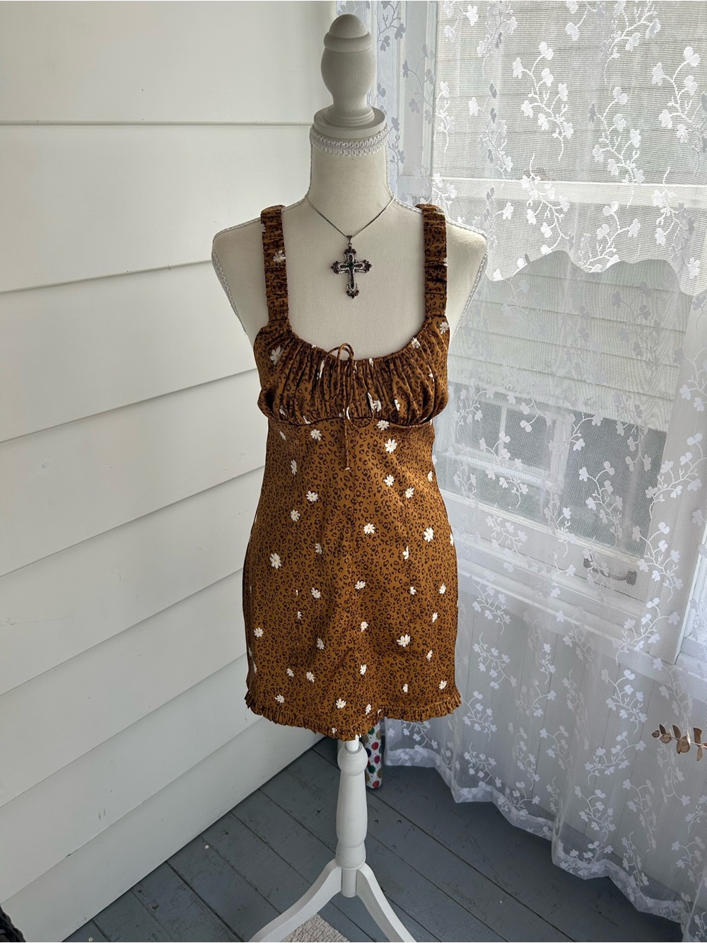 For Love & Lemons Brown Floral Smocked Mini Dress